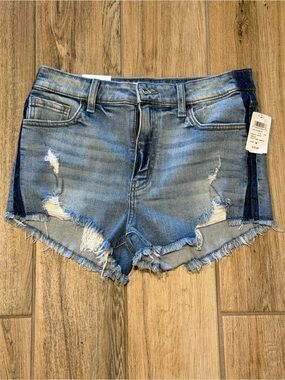 eunina Light Blue Distressed Denim Shorts with Dark Side Panel